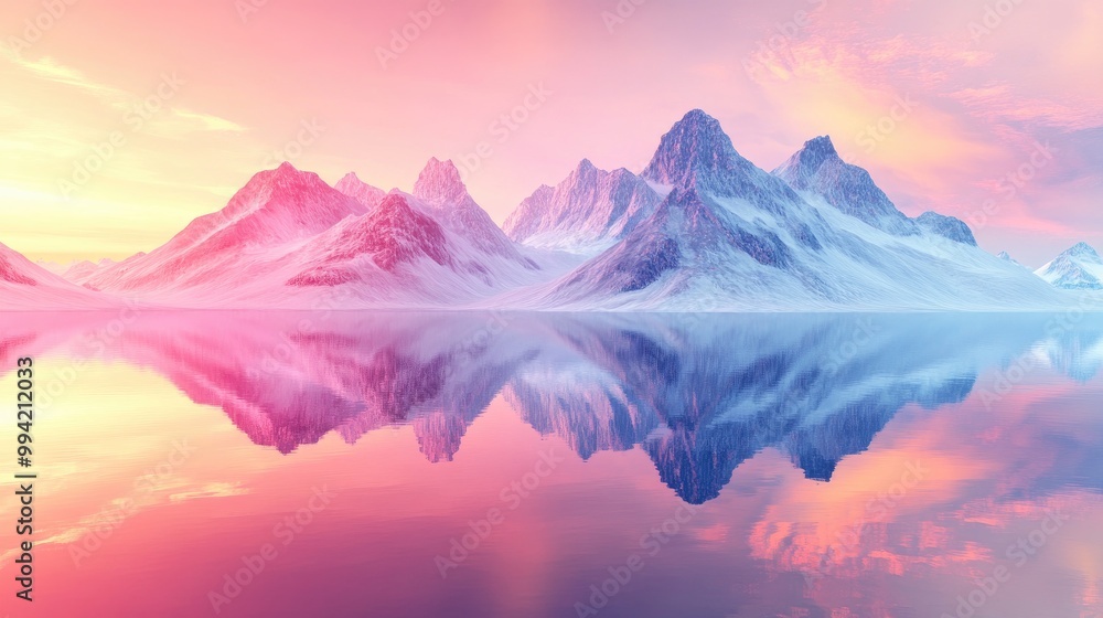 Poster 3d rendering of a fantasy landscape panorama featuring mountains mirrored in water abstract backgrou