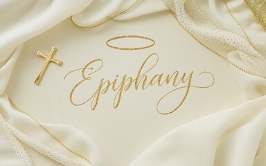 A golden cross and halo with the word "Epiphany" written in elegant calligraphy on a white background surrounded by white fabric.