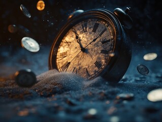 Old clock amid sand with floating coins around in dark.