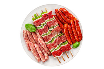 raw sausage meat assorted juicy pork, beef fresh delicious gourmet food background on the table...