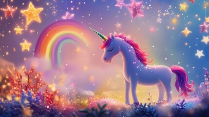 Enchanting unicorn vibrant rainbow and sparkling stars create a festive 2D cartoon scene for holiday greetings