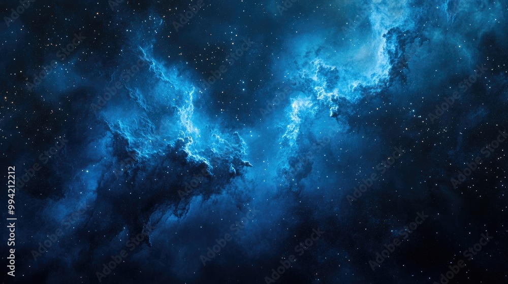 Poster cosmic nebula and starry background in shades of blue creating an abstract outer space scene