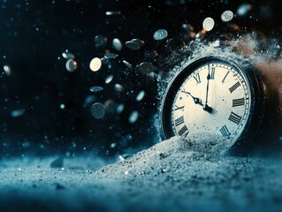 A clock in sand with coins floating around in air