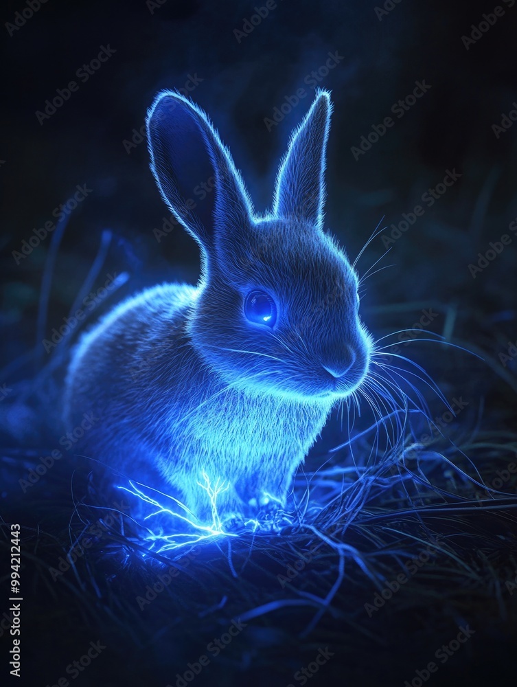 Poster fantasy 3d rendering of a rabbit emitting a blue glow in a dark setting