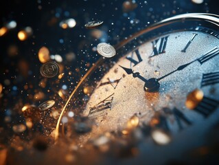 Close-up of antique clock with floating coins in sand