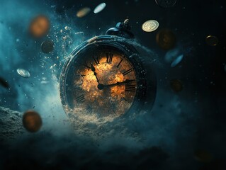 Old-fashioned clock in swirling sand and spinning coins.