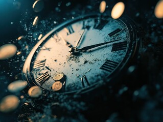 Classic clock covered in sand with scattered coins around.