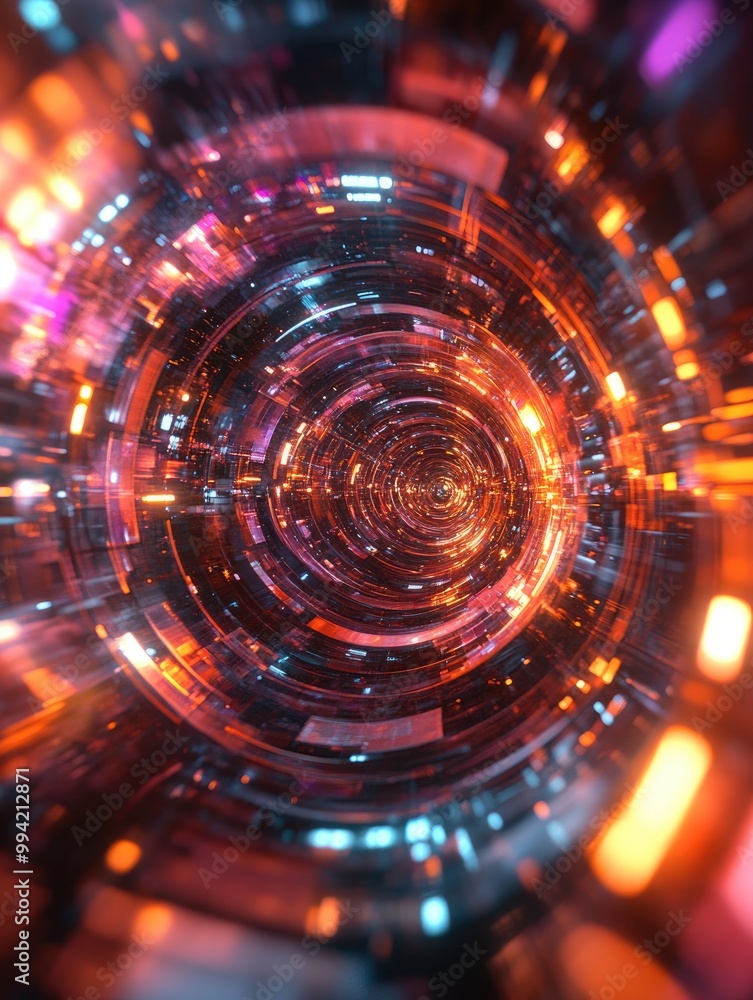 Poster abstract 3d rendering of a circular core with luminous light effects in a vibrant background