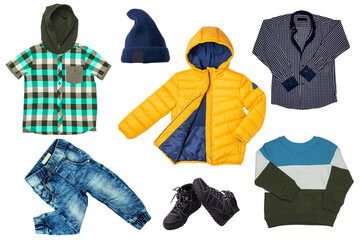 Collage set of little boys autumn clothes isolated. Denim trousers and jeans jacket, sneaker, a sweater, shirts, pants and hoody for child boy. Children's winter fashion.