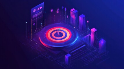 An illustration of a business target using an isometric perspective. A round dart board is displayed on a ultraviolet background. A page dedicated to goals achievement, success, and competitors'