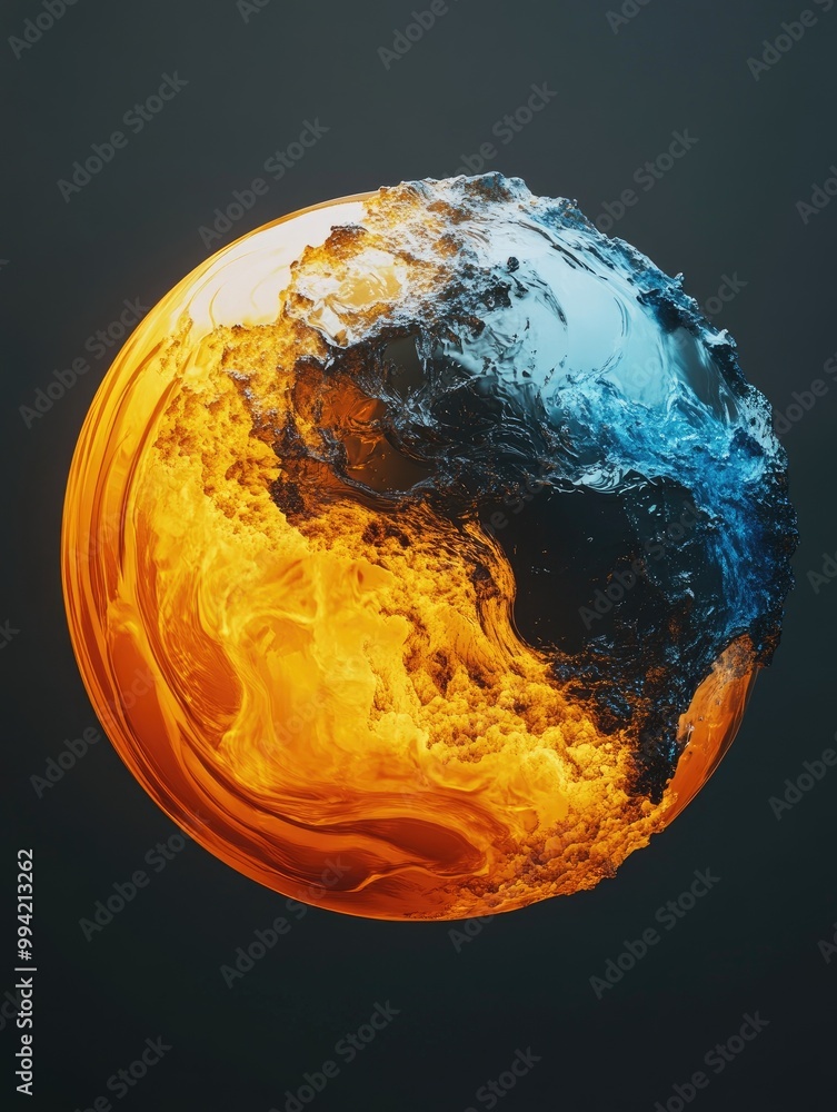 Poster fantasy 3d rendering of an abstract earth featuring a yellow and orange gradient with a blue section