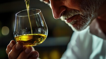 An olive oil sommelier expertly swirling and sniffing freshly pressed olive oil in a tasting glass, capturing the sensory experience and expertise involved in evaluating the qualit