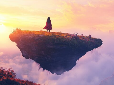 Fantasy landscape featuring a woman poised on a levitating rock created in a digital art illustration style