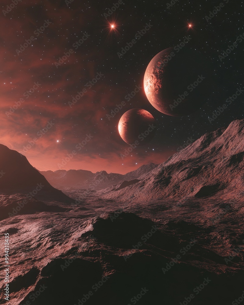 Aufkleber planets in a vast deep space setting illuminated by starlight featuring a 3d rendered science fictio