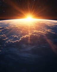 Dramatic dark sky backdrop showcasing the beauty of sunrise in space signaling a bright new day with rays and lens flare effects