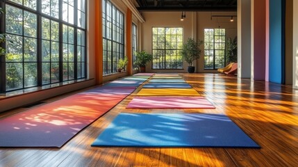 Multiple yoga mats aligned in spacious studio room.