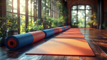 Organized yoga mats in a plant-filled, sunlit studio.