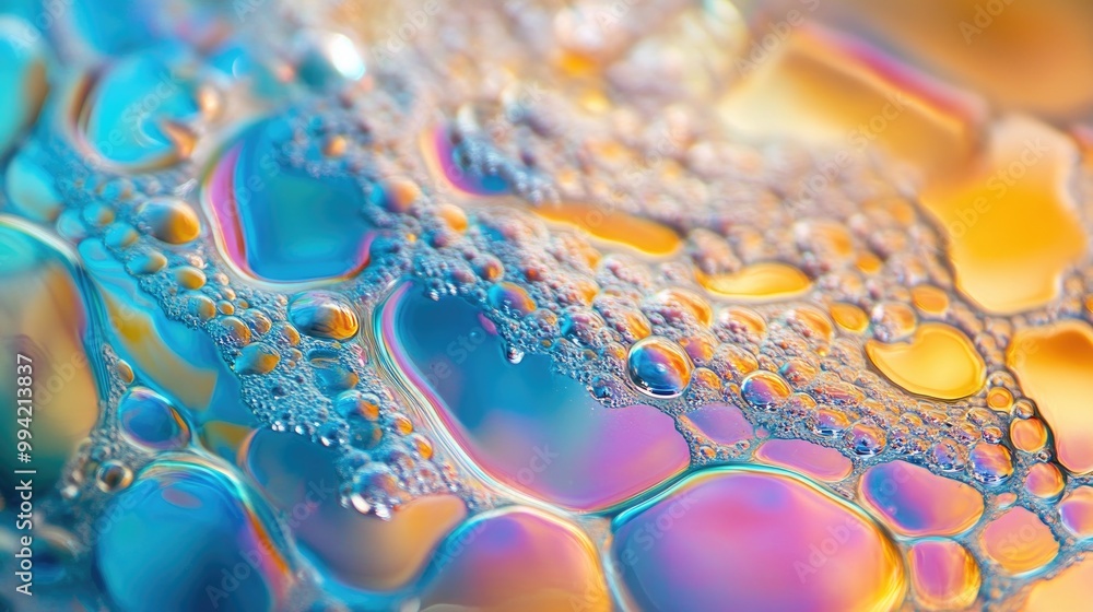 Poster colorful soap bubble abstraction with dynamic movement captured in close up