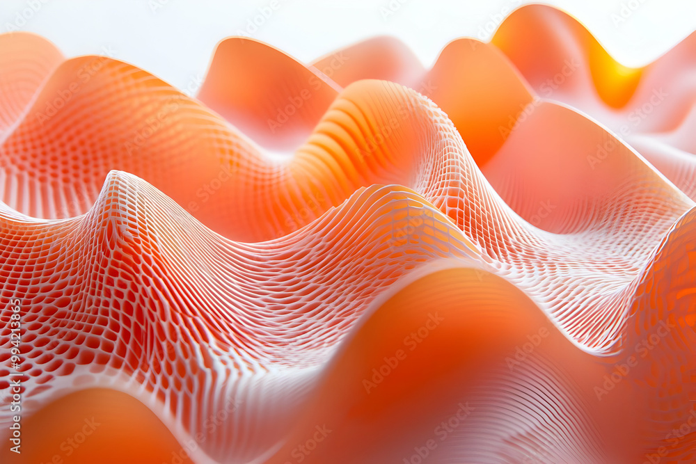 Wall mural Abstract 3D render of an orange wavy honeycomb-like structure in bright light