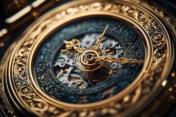 Obraz premium An intricately designed vintage clock face, showcasing ornate details, golden elements, and delicate clock hands in a close-up view.