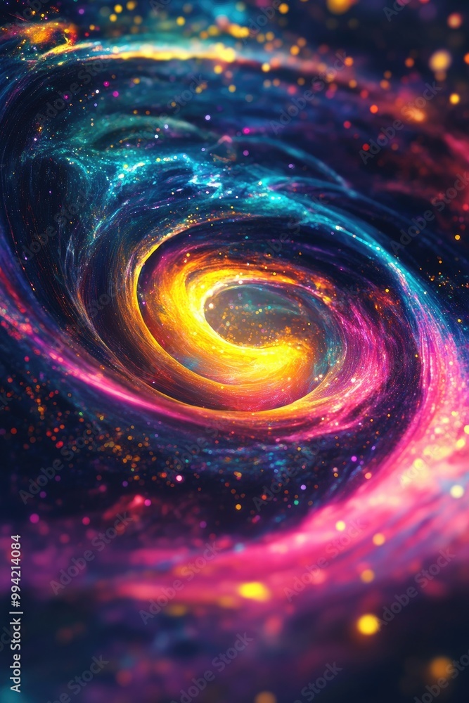 Poster vibrant 3d vortex of colorful materials and galaxies in a dark space creating a cosmic illusion idea
