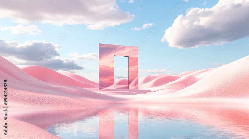 Poster 3d rendering of an abstract panoramic background featuring surreal pink sand dunes beneath a blue sk