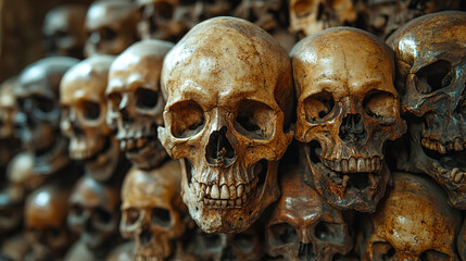 Stack of human skulls and bones in a haunting, dark atmosphere. Perfect for horror, Halloween, and death-themed visuals.