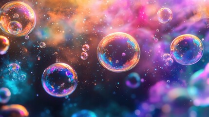 Fototapeta premium Enchanting and colorful bubbles set against a stunning cosmic backdrop perfect for unique and captivating designs and decorations for events