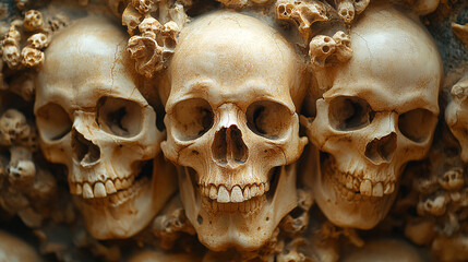 Naklejka premium Stack of human skulls and bones in a haunting, dark atmosphere. Perfect for horror, Halloween, and death-themed visuals.