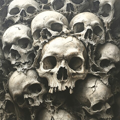 Stack of human skulls and bones in a haunting, dark atmosphere. Perfect for horror, Halloween, and death-themed visuals.