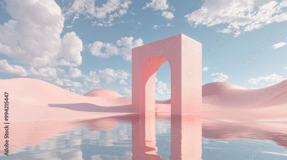 Poster 3d rendering of an abstract panoramic background featuring surreal pink sand dunes beneath a blue sk
