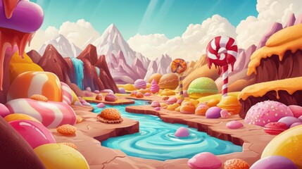 Candy themed game interface design featuring a whimsical 2D menu layout with a fantasy landscape of sweets desserts and lollipops amidst a chocolate river for arcade games