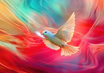 Elegant bird soaring through abstract waves on a vibrant neon backdrop symbolizing the arrival of positive news