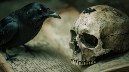 Close-up of the story book in spanish by American novelist Edgar Allan Poe with human skull and a raven