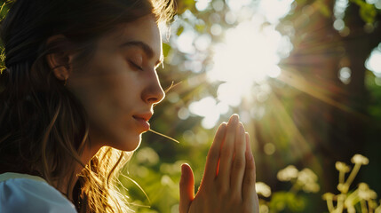 Woman in peaceful meditation with sunlight filtering through the trees, World mental health day