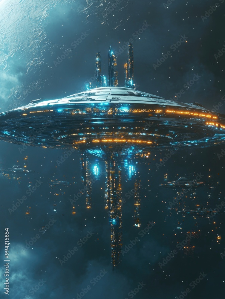 Poster futuristic 3d rendering of a ufo spaceship concept