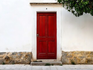 A red door on a white wall with a tree in the background