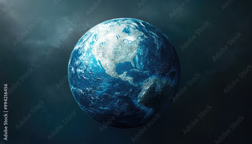 Poster 3d rendering of a blue planet with detailed elements