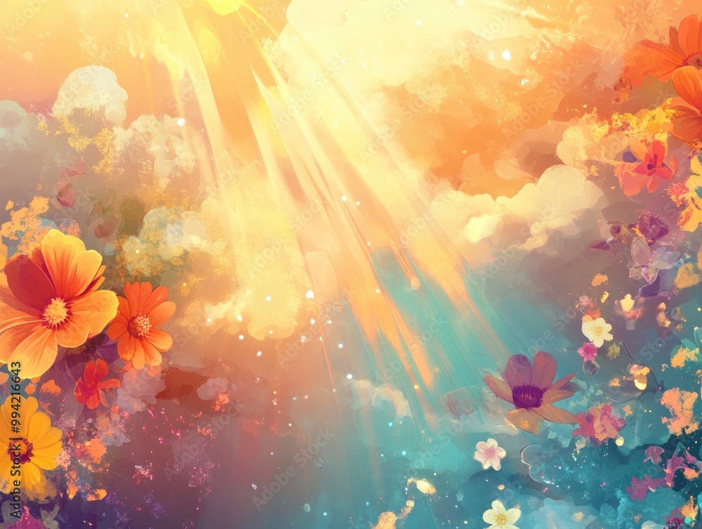Aufkleber blend of flowers clouds light rays and whimsical elements creating an imaginative abstract backgroun