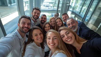Diverse group of employees project team standing together in modern business building - group selfi portrait of cheerful and joyful young and senior employees colleagues