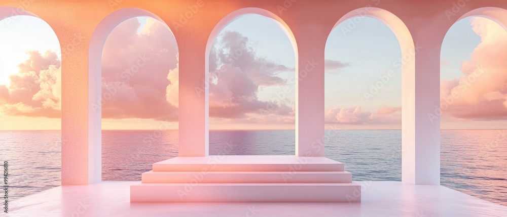 Poster abstract architectural space featuring a podium with pink clouds in a 3d render bright arches in the