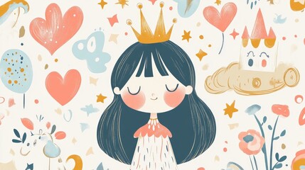 Cute hand drawn doodle elements featuring a whimsical princess theme