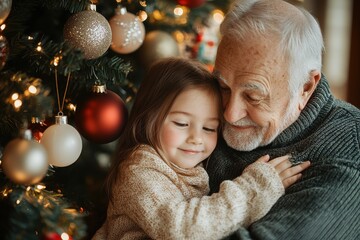 grandfather and granddaughter decorating christmas tree