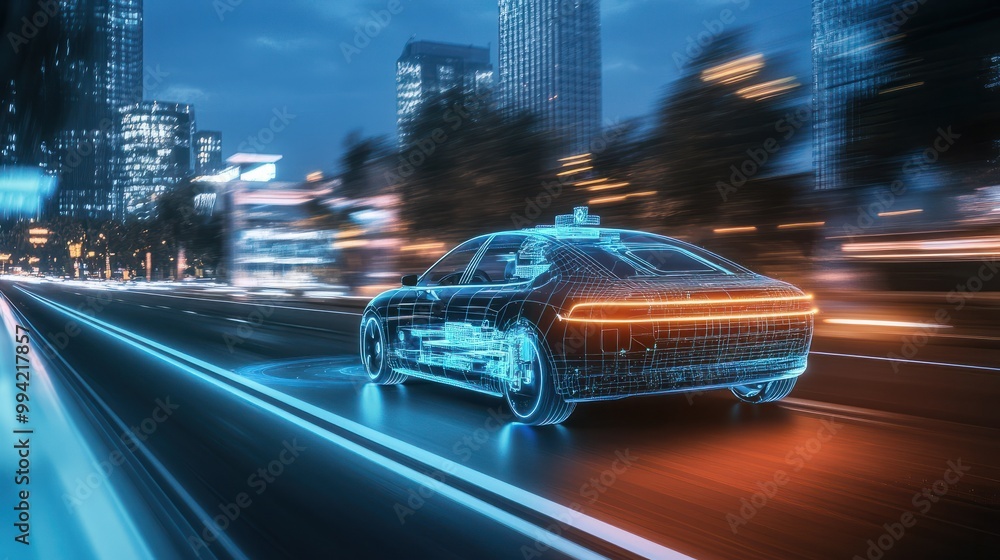 Poster future autonomous car sensor system ensures driverless safety with adaptive cruise control. concept 