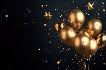 Golden balloon banner on black background for New Year.