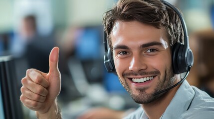 A man wearing a headset is smiling and giving a thumbs up