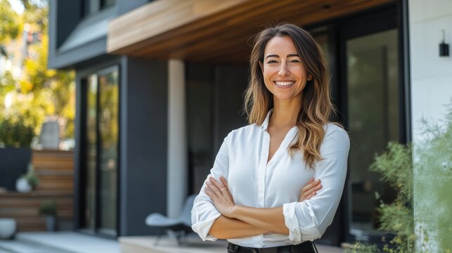 A woman is standing in front of a house with a smile on her face