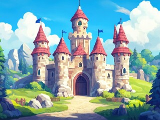 Enchanting fantasy castle set on lush hills featuring a vibrant 2D cartoon design of a medieval fortress with red stone towers and a grand gate perfect for a royal themed game concept