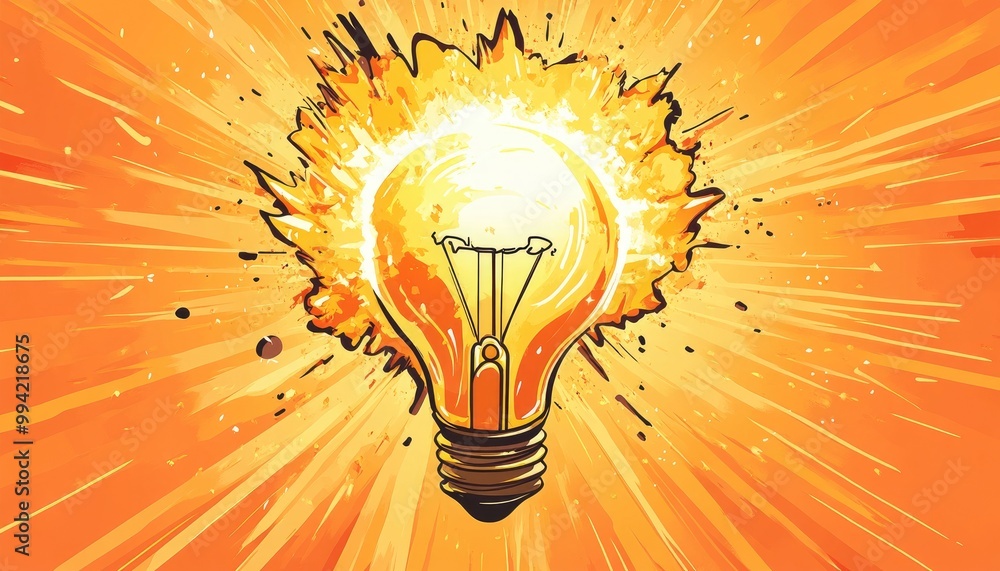 Poster exploding light bulb symbolizing a burst of creativity illustrated in an abstract 2d cartoon style r