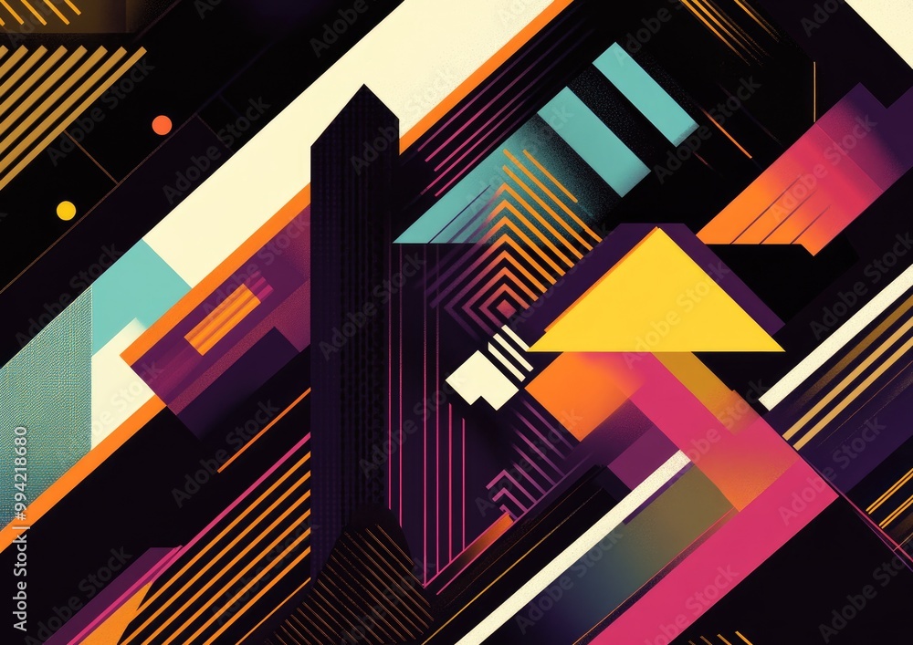 Poster geometric abstract design featuring lines on a dark backdrop presented in a 2d cartoon style